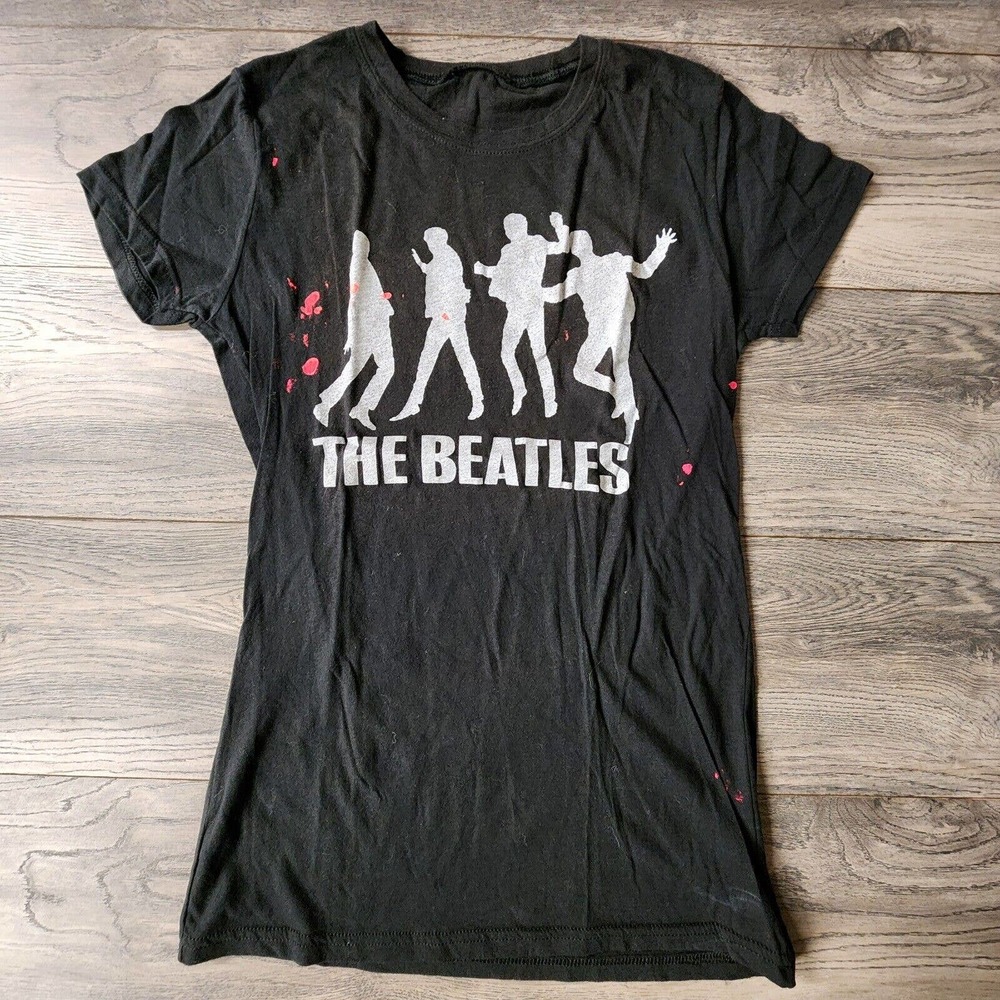 THE BEATLES Graphic Black T-Shirt Girls Sz S Paint Splatter